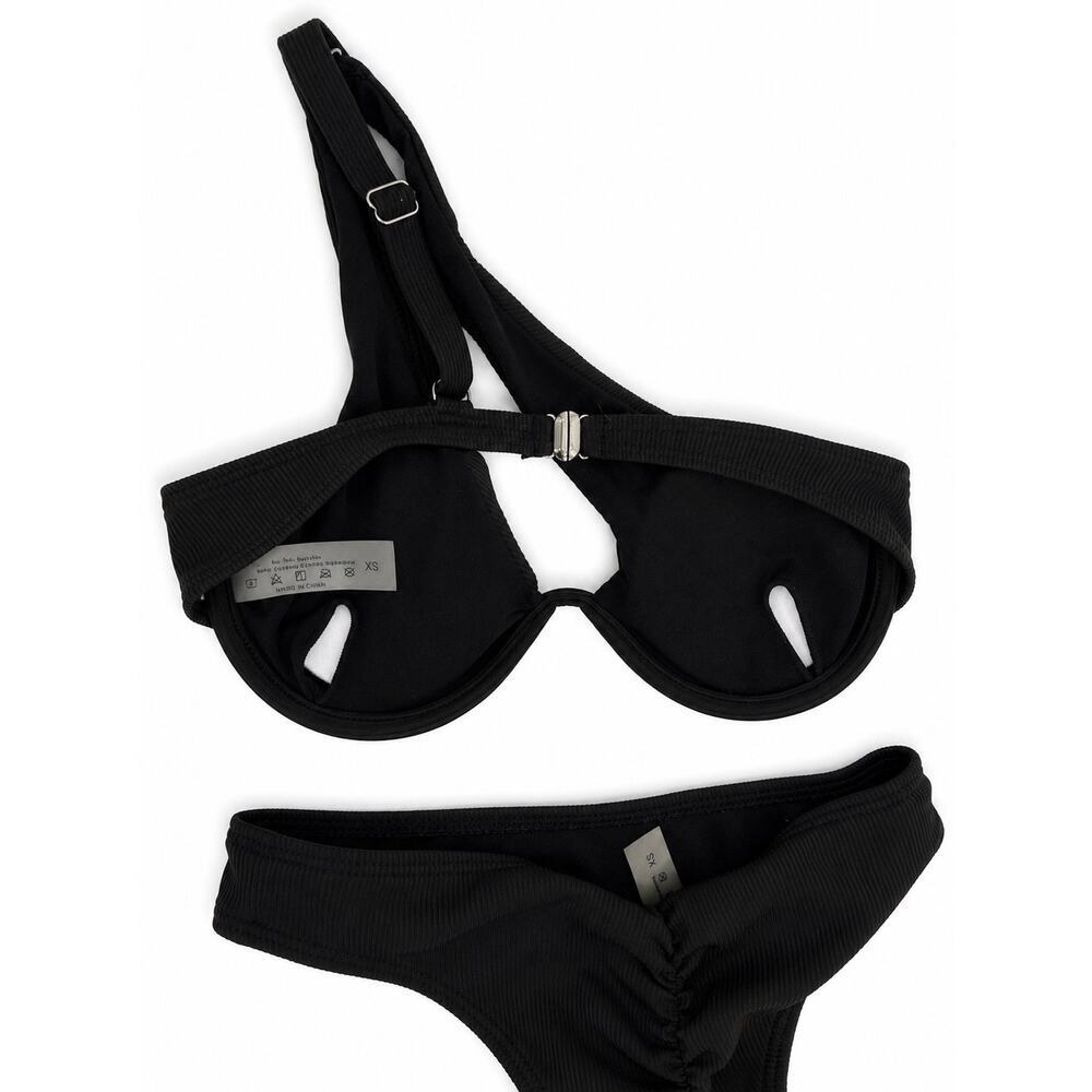 Black Ribbed Two-Piece Bikini Set Asymmetrical One-Shoulder Swimwear Size XS - Picture 2 of 2